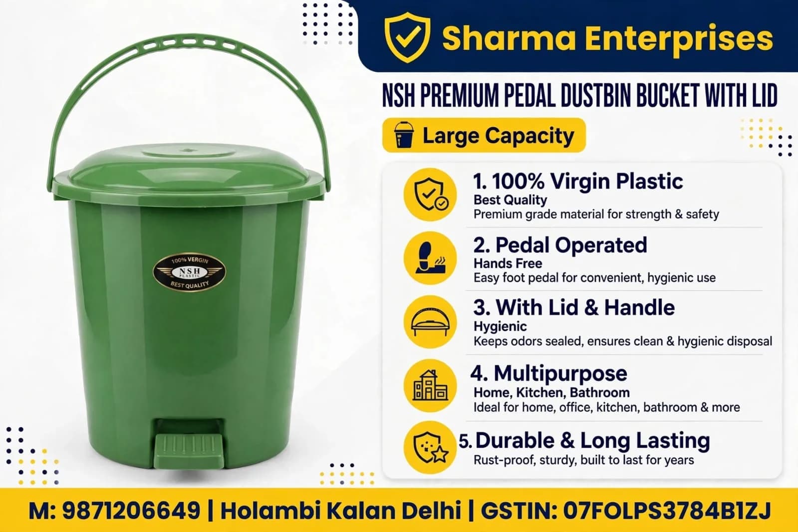 Green Plastic Pedal Dustbin with Hinged Lid and Overhead Carry Handle, 10 L thumbnail 2