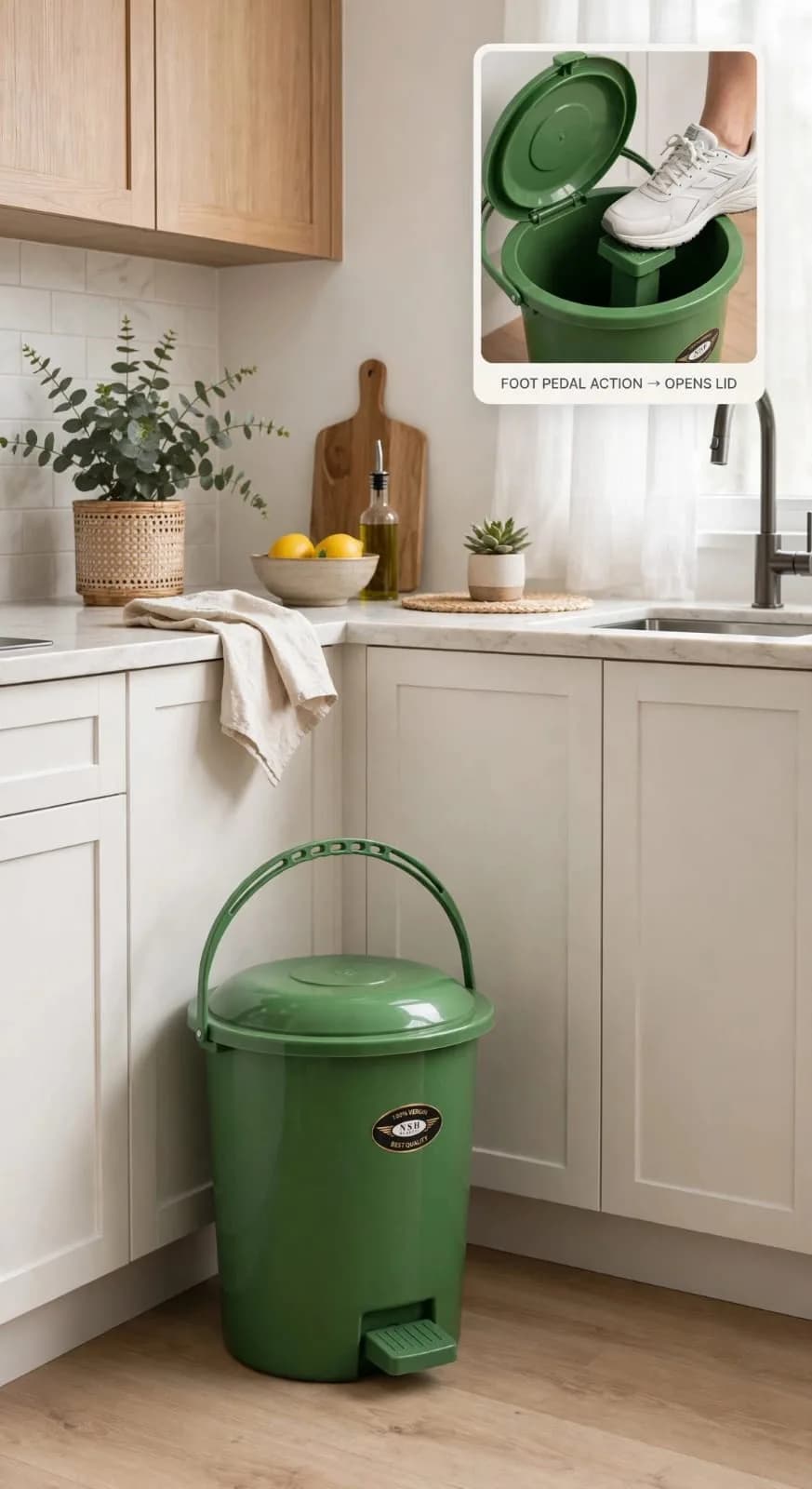 Green Plastic Pedal Dustbin with Hinged Lid and Overhead Carry Handle, 10 L thumbnail 3