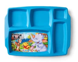 Blue 5-Compartment Plastic Kids Meal Plate with Cartoon Animal Graphic, 12 Inch