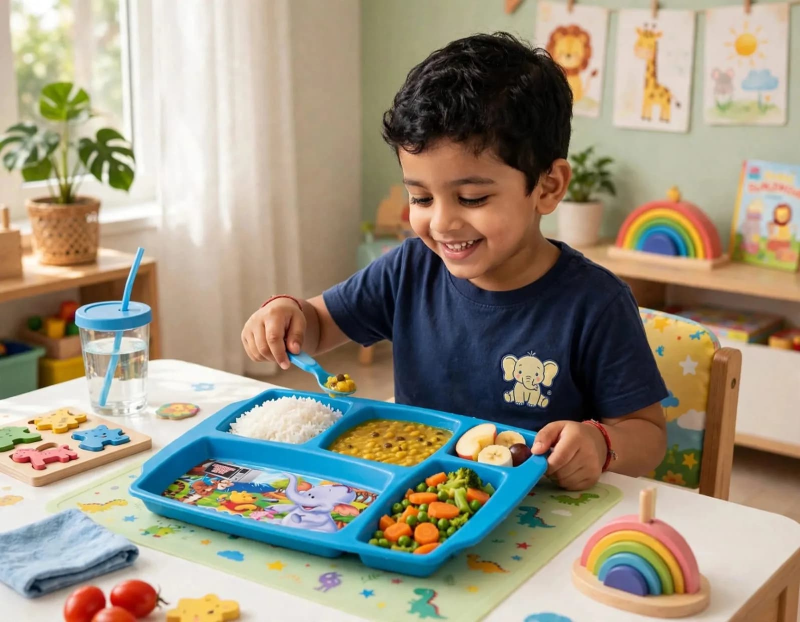 Blue 5-Compartment Plastic Kids Meal Plate with Cartoon Animal Graphic, 12 Inch thumbnail 2