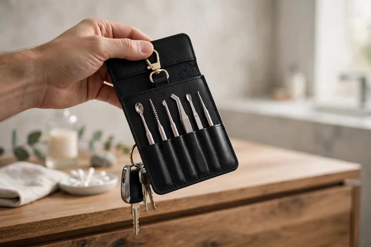 Black Snap-Closure Ear Cleaning Tool Set with Metal Curette Tools and Carry Pouch thumbnail 3