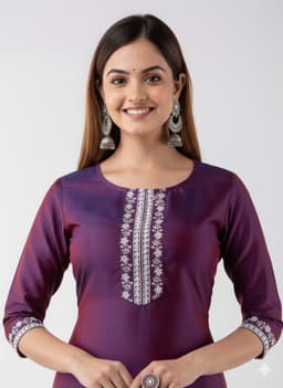 Women'S Wine Purple Silk Blend Straight Kurta With Embroidered Neck & Border