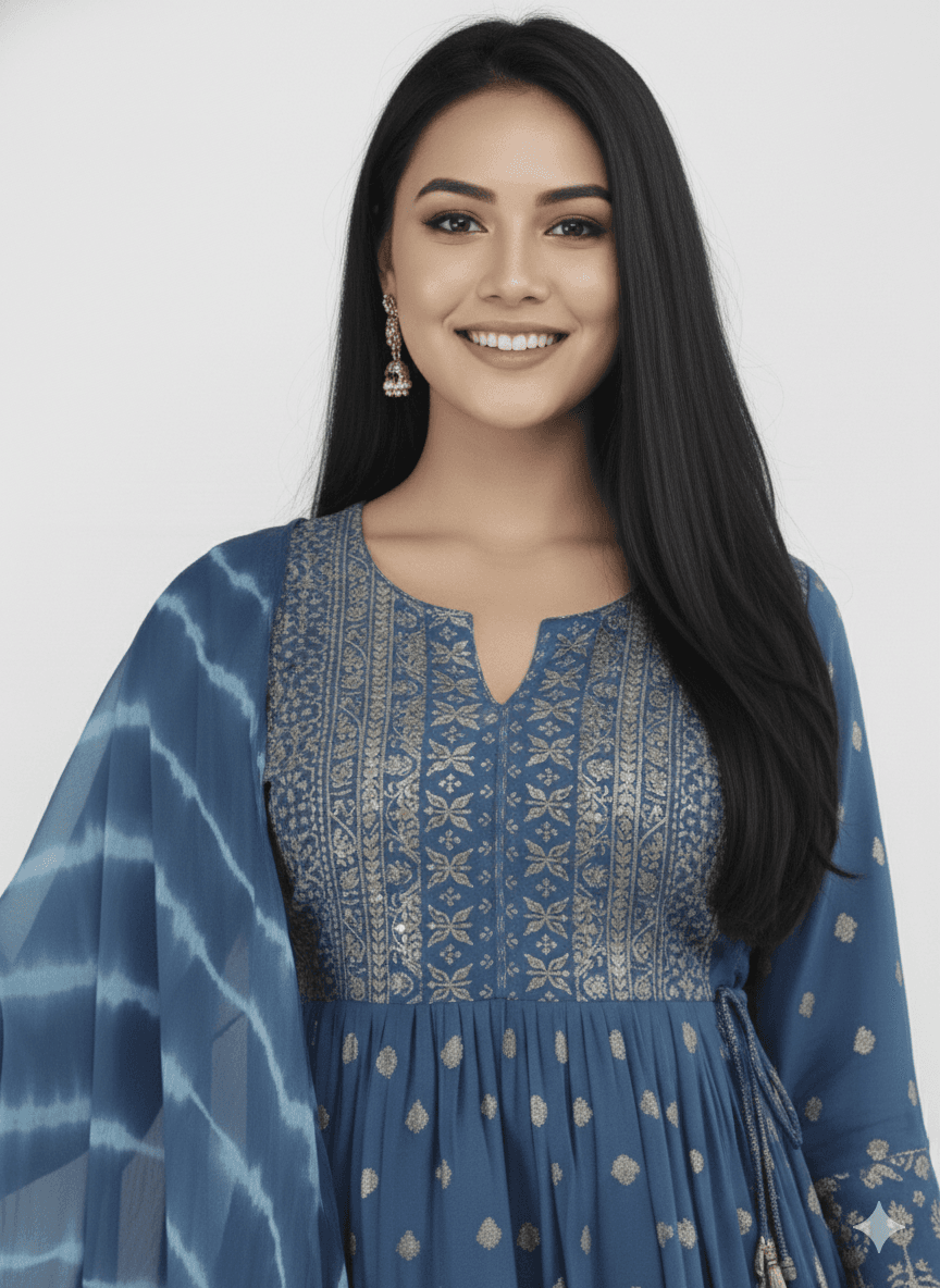 Women'S Anarkali Kurta With Leheriya Dupatta Set - Foil Print Ethnic Gown For Party & Festive Wear thumbnail 3