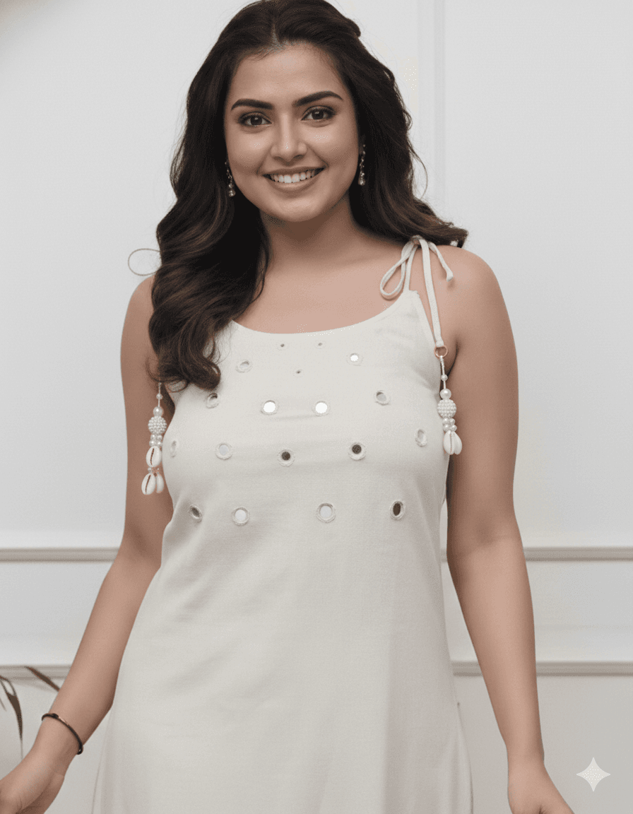 Trendy Mirror Work Straight Kurta Set - Off White thumbnail 3