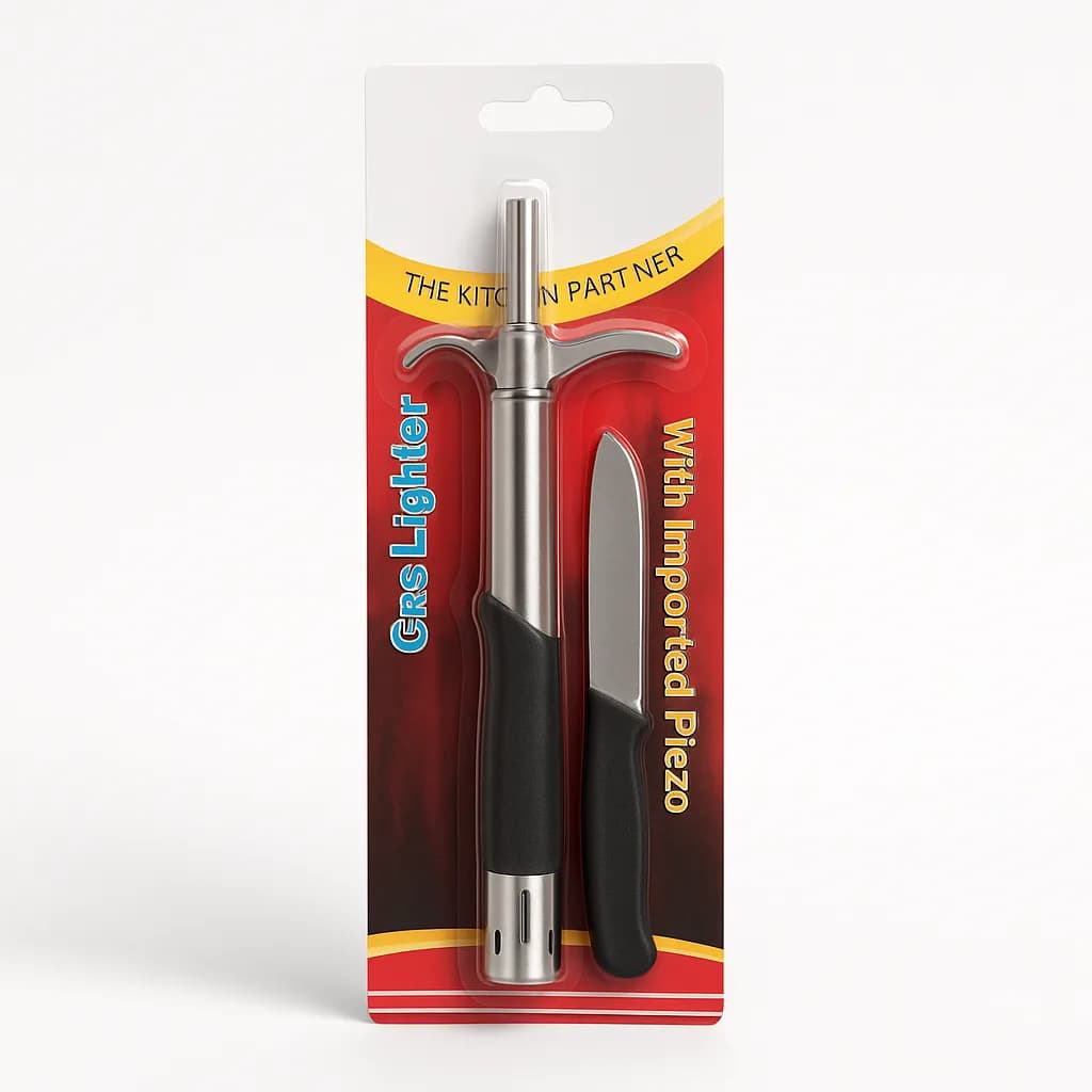 Silver Metal Gas Lighter with Black-Handle Serrated Kitchen Knife Combo thumbnail 3