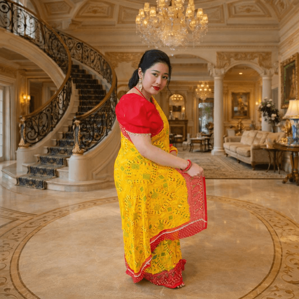 Bandhani Printed Georgette Saree With Unstitched Blouse Piece (Yellow & Red) thumbnail 3