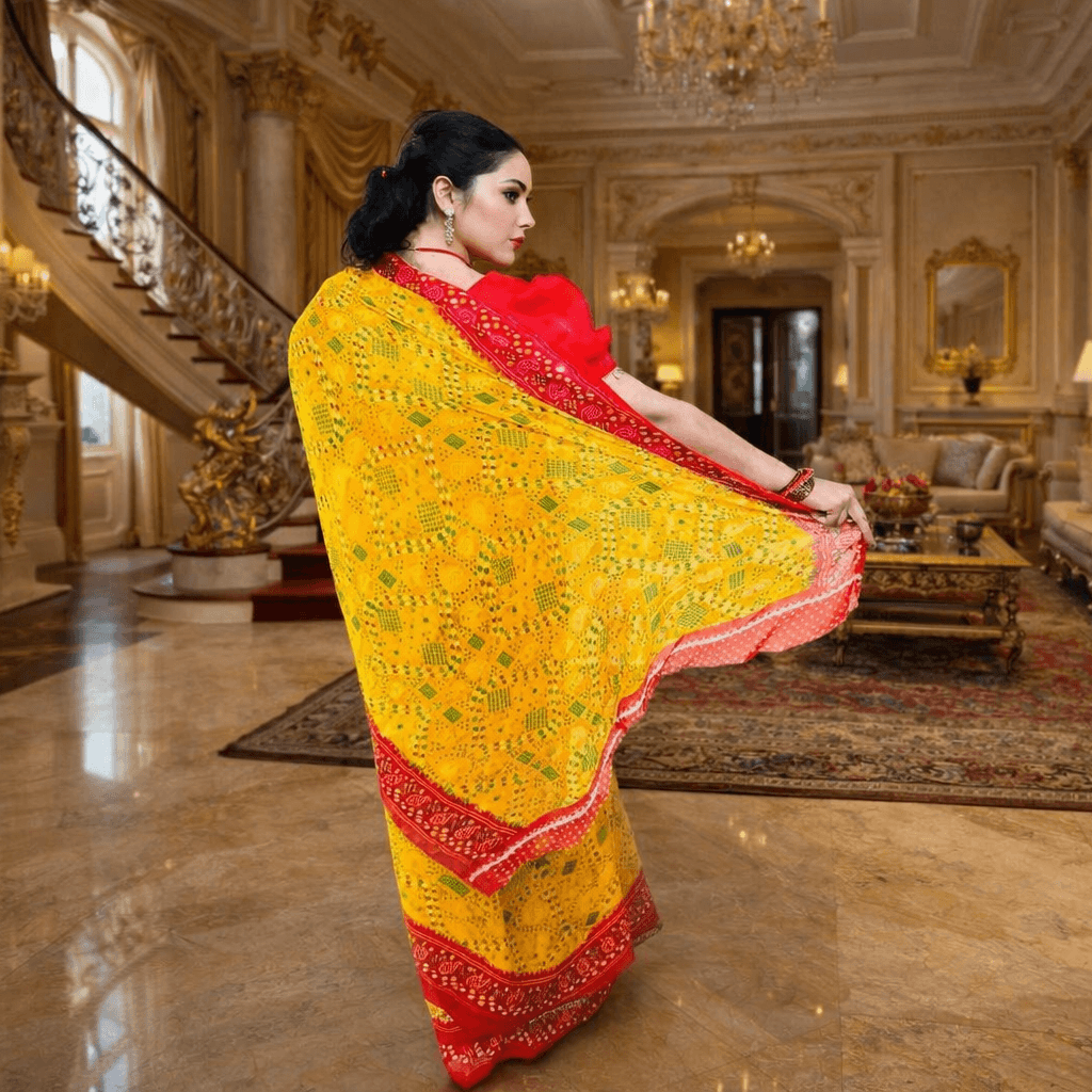 Bandhani Printed Georgette Saree With Unstitched Blouse Piece (Yellow & Red) thumbnail 2