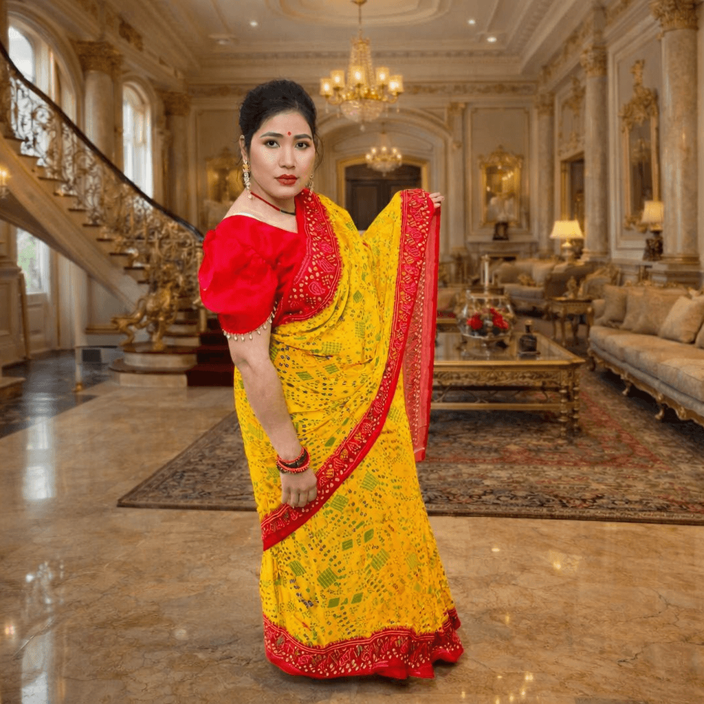 Bandhani Printed Georgette Saree With Unstitched Blouse Piece (Yellow & Red) thumbnail 4