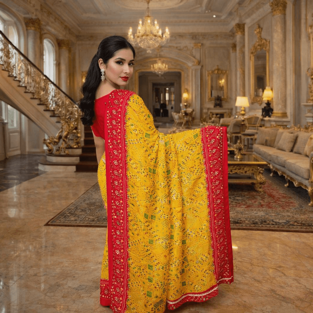 Bandhani Printed Georgette Saree With Unstitched Blouse Piece (Yellow & Red) thumbnail 5
