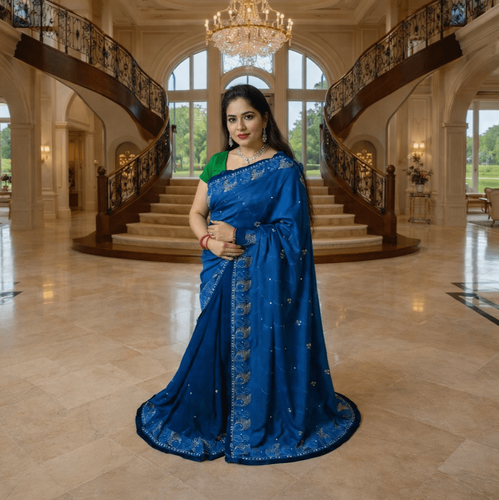 Royal Blue Embroidered Silk Blend Saree With Zari Border – Elegant Traditional Indian Wear thumbnail 2