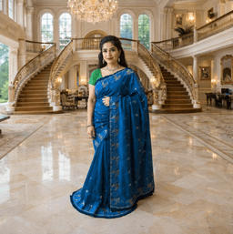 Royal Blue Embroidered Silk Blend Saree With Zari Border – Elegant Traditional Indian Wear