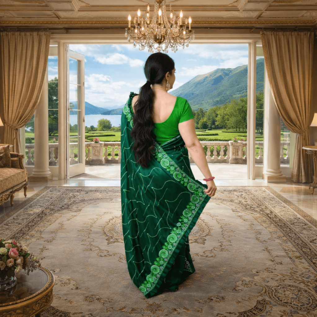 Elegant Emerald Green Designer Saree With Embroidered Border For Women | Party & Wedding Wear thumbnail 2