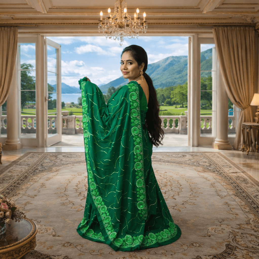 Elegant Emerald Green Designer Saree With Embroidered Border For Women | Party & Wedding Wear thumbnail 3