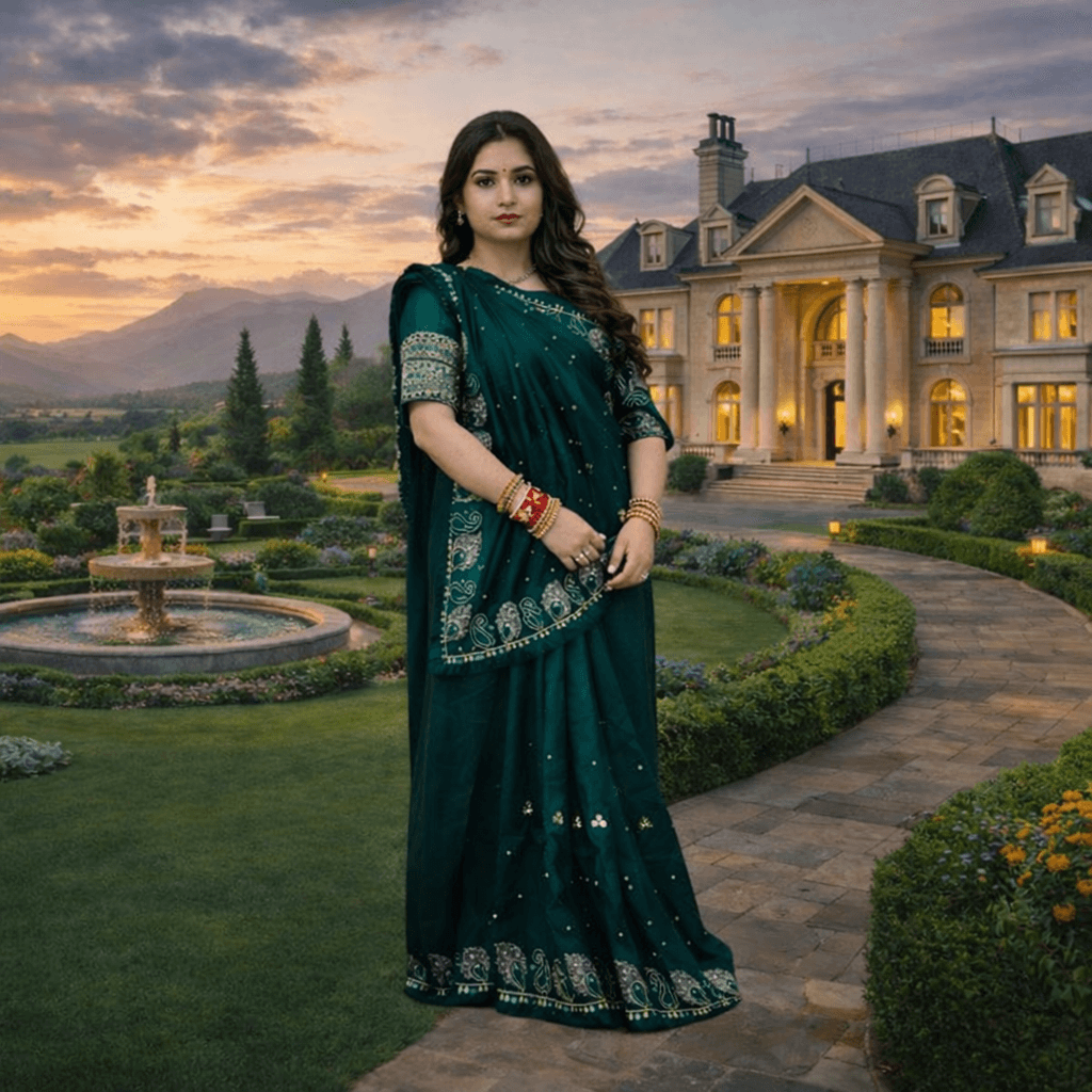 Emerald Green Embroidered Silk Saree – Luxury Designer Party Wear thumbnail 2