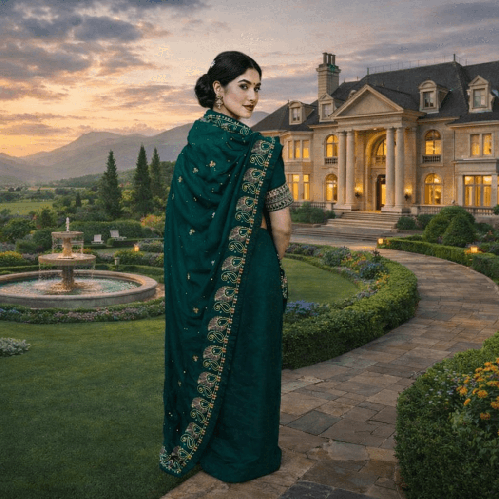 Emerald Green Embroidered Silk Saree – Luxury Designer Party Wear thumbnail 3