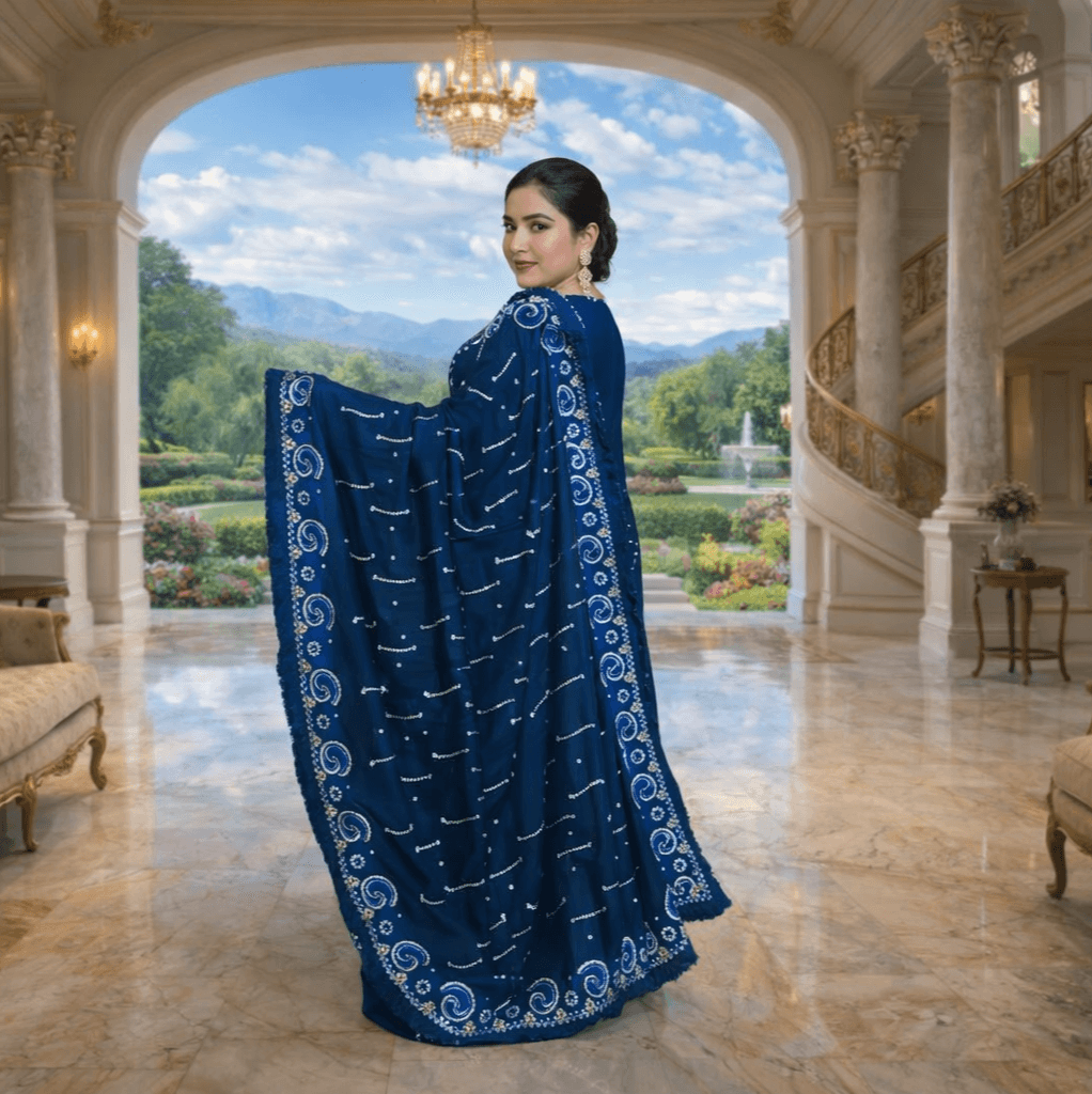 Royal Blue Embroidered Designer Saree With Blouse Piece thumbnail 4
