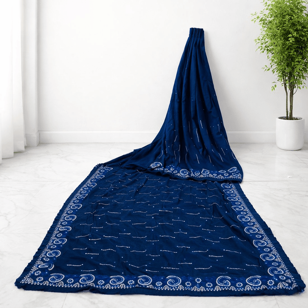 Royal Blue Embroidered Designer Saree With Blouse Piece thumbnail 5