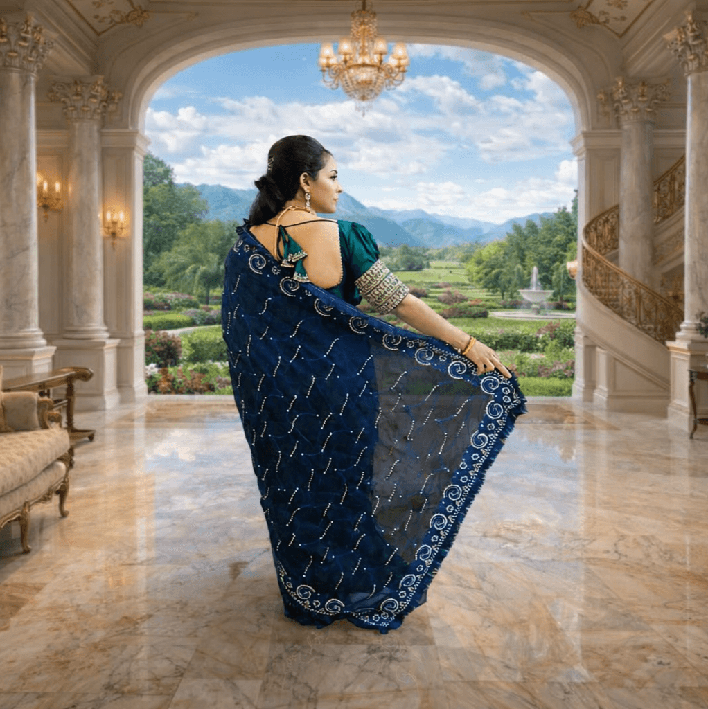 Royal Blue Embroidered Designer Saree With Blouse Piece thumbnail 2