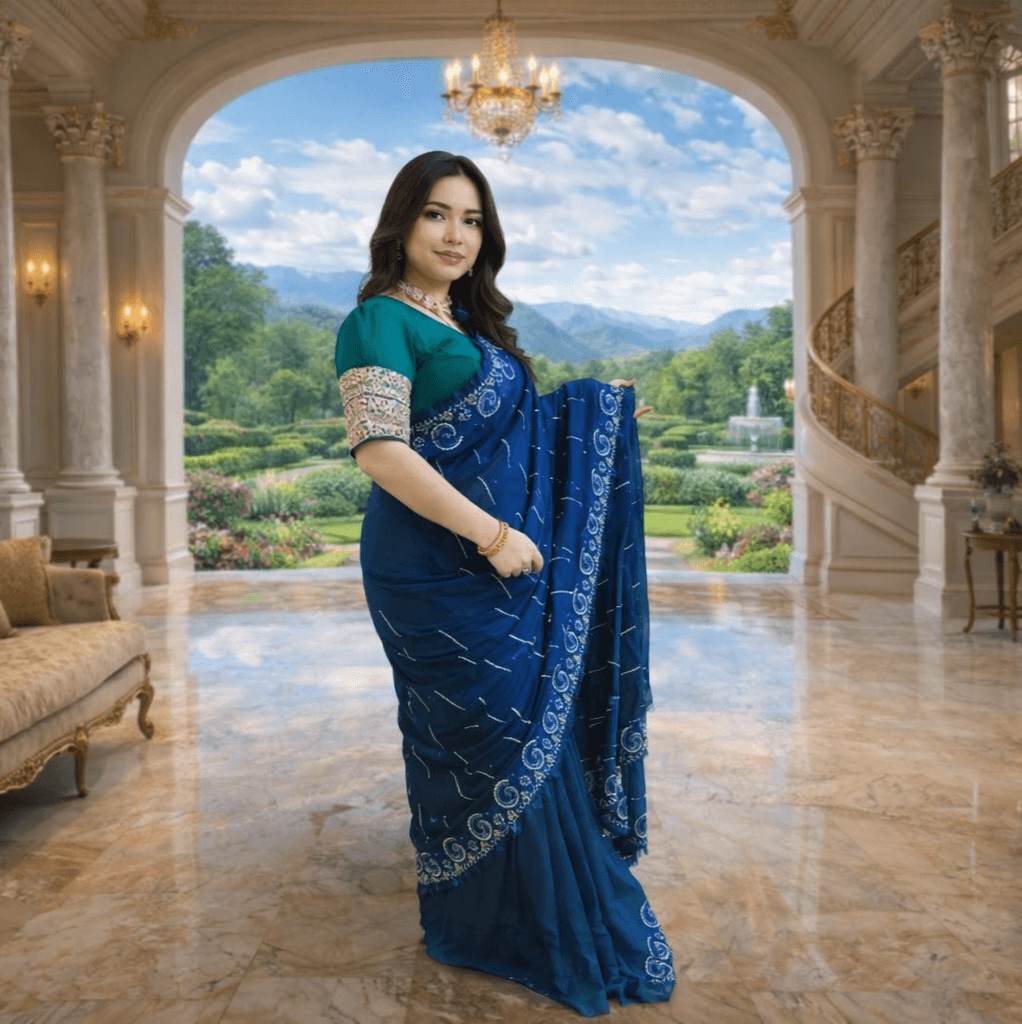 Royal Blue Embroidered Designer Saree With Blouse Piece thumbnail 3