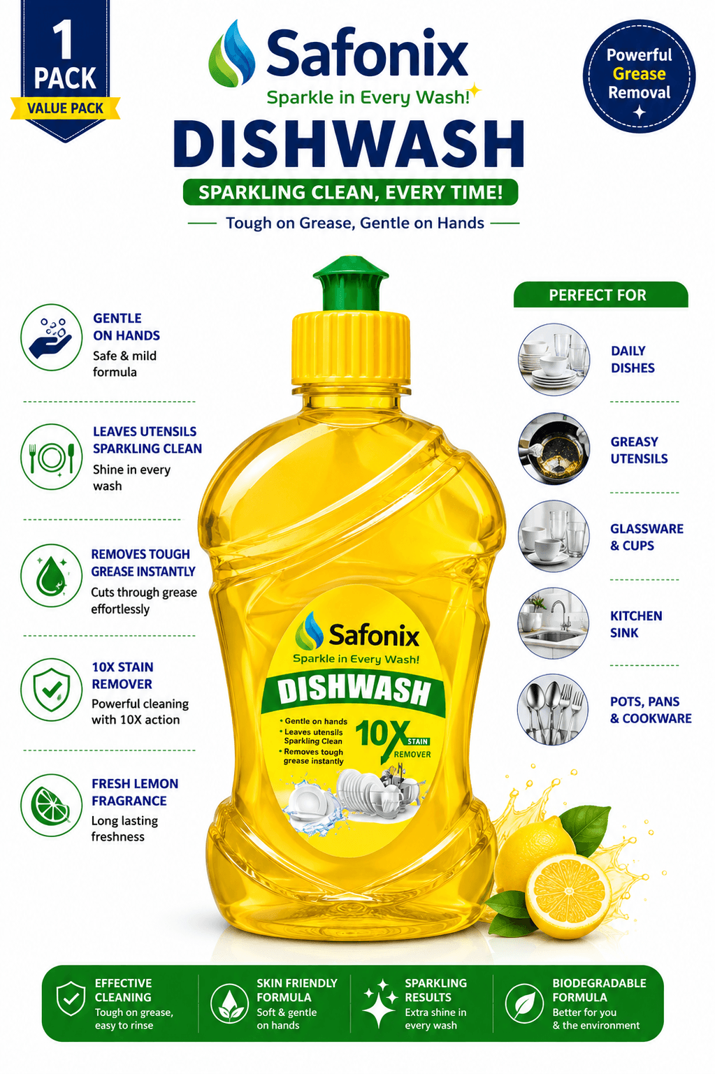Safonix Dishwash Liquid – 10X Stain Remover, Tough On Grease & Sparkling Clean | Pack Of 2 thumbnail 2