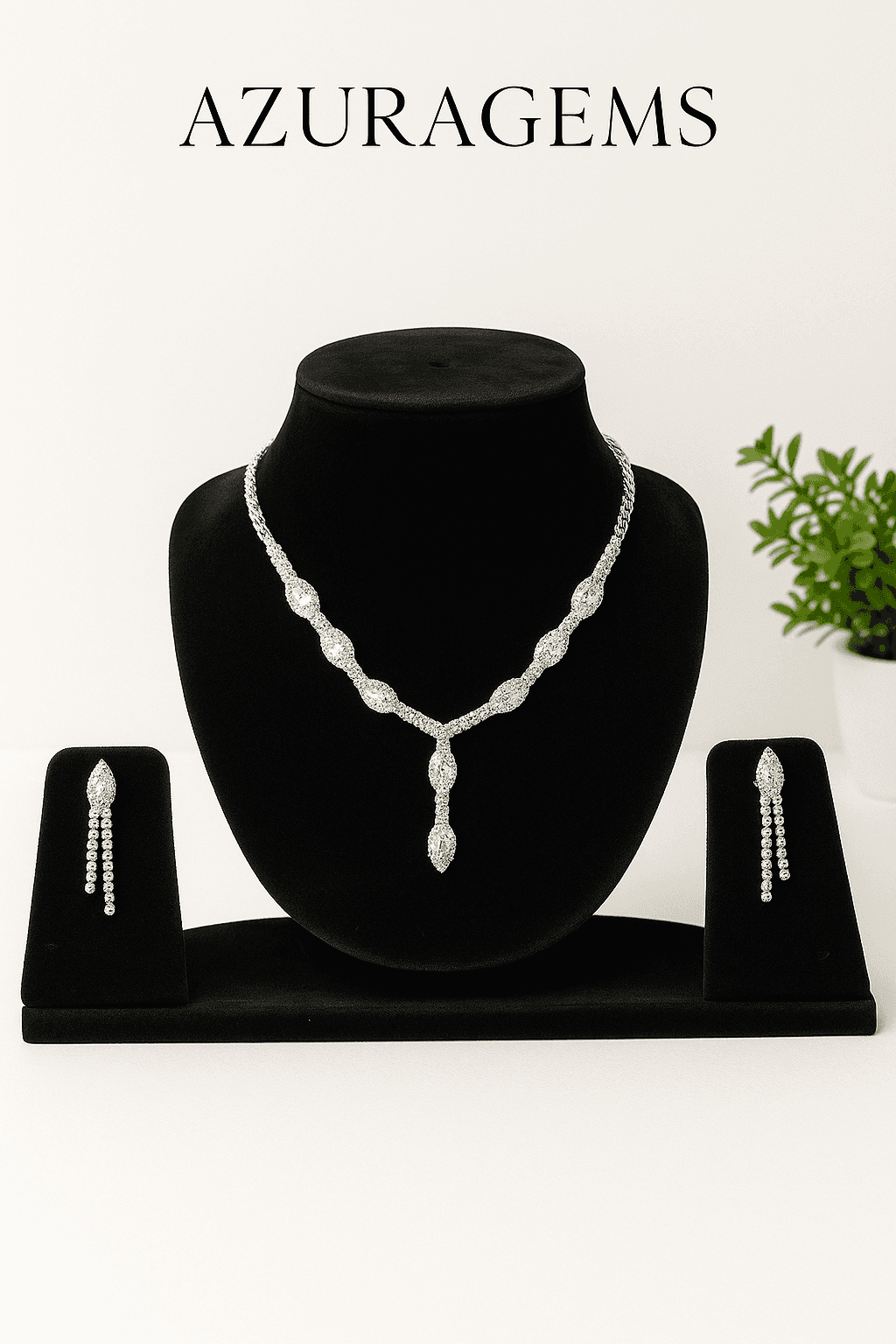 AzuraGems Rhodium Plated American Diamond Studded Choker Necklace Jewellery Set For Women thumbnail 4