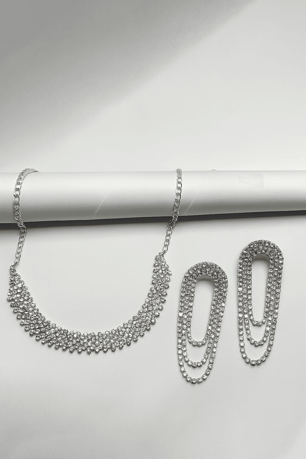 AzuraGems Rhodium-Plated Crystal-Studded Necklace Set with Layered Dangler Earrings, White, Traditional Ethnic Design thumbnail 2