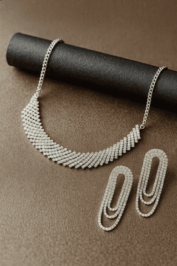 AzuraGems Rhodium-Plated Crystal-Studded Necklace Set with Layered Dangler Earrings, White, Traditional Ethnic Design