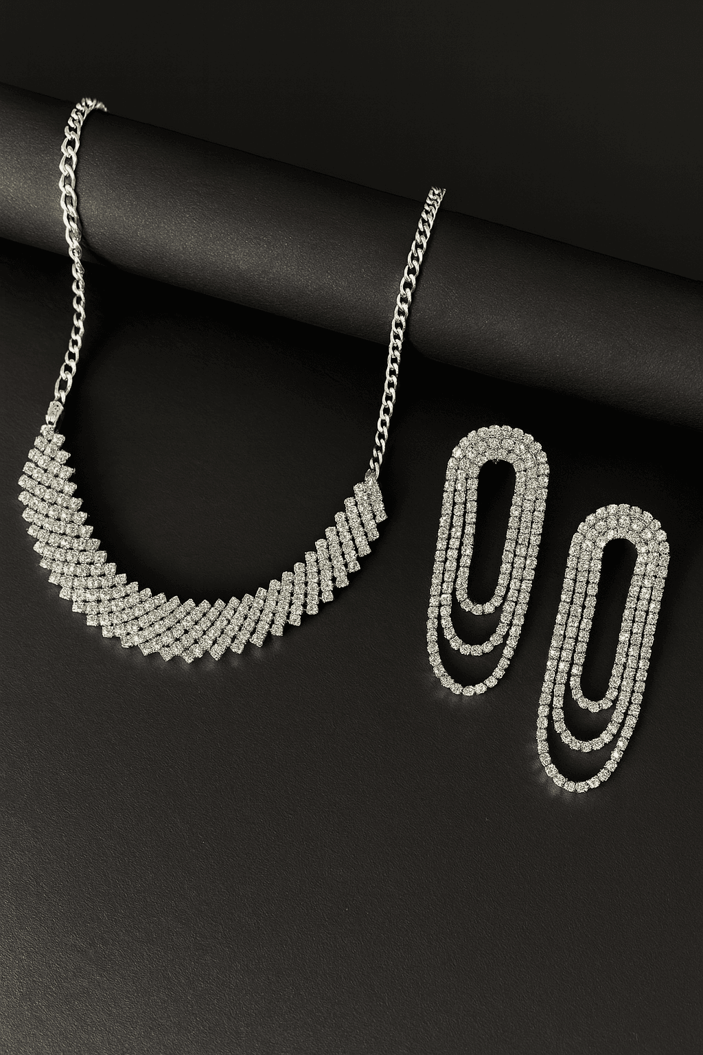 AzuraGems Rhodium-Plated Crystal-Studded Necklace Set with Layered Dangler Earrings, White, Traditional Ethnic Design thumbnail 4