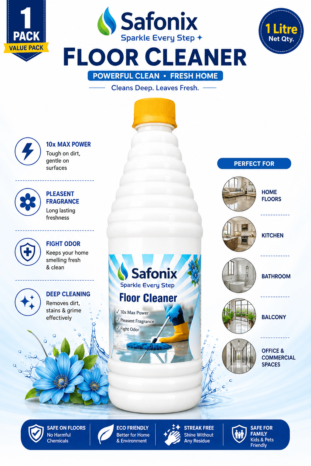 Safonix Floor Cleaner Liquid 1 L | 10X Max Power | Pleasant Fragrance | Pack Of 2 thumbnail 3