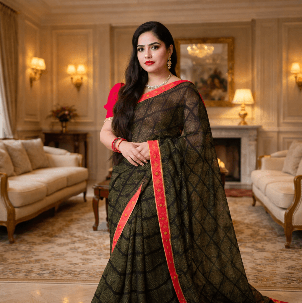 Printed Bandhani Saree With Borders (Unstitched Blouse) thumbnail 2