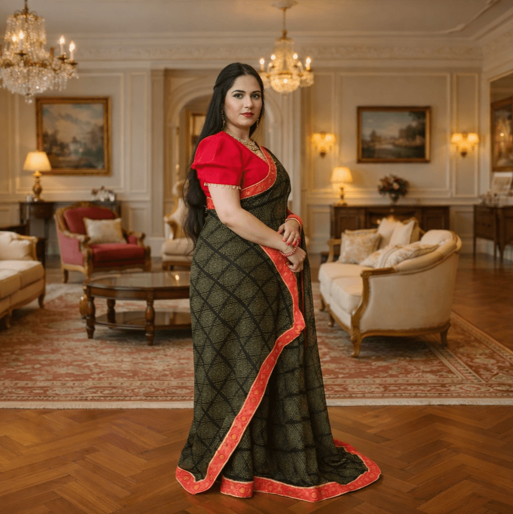 Printed Bandhani Saree With Borders (Unstitched Blouse) thumbnail 3