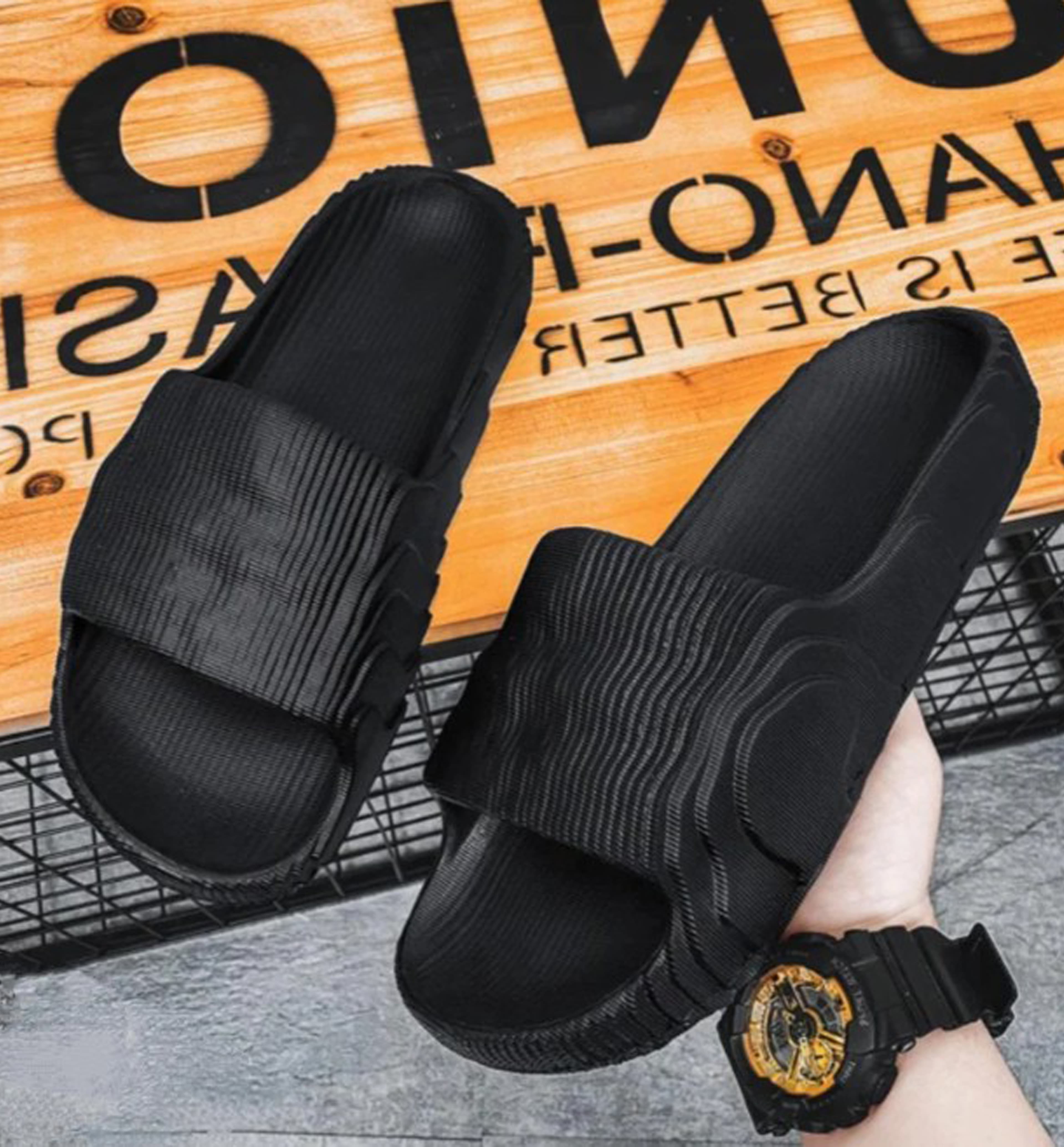 Men’s Textured Open-Toe Slide Slippers with Ribbed Footbed and Broad Strap thumbnail 2