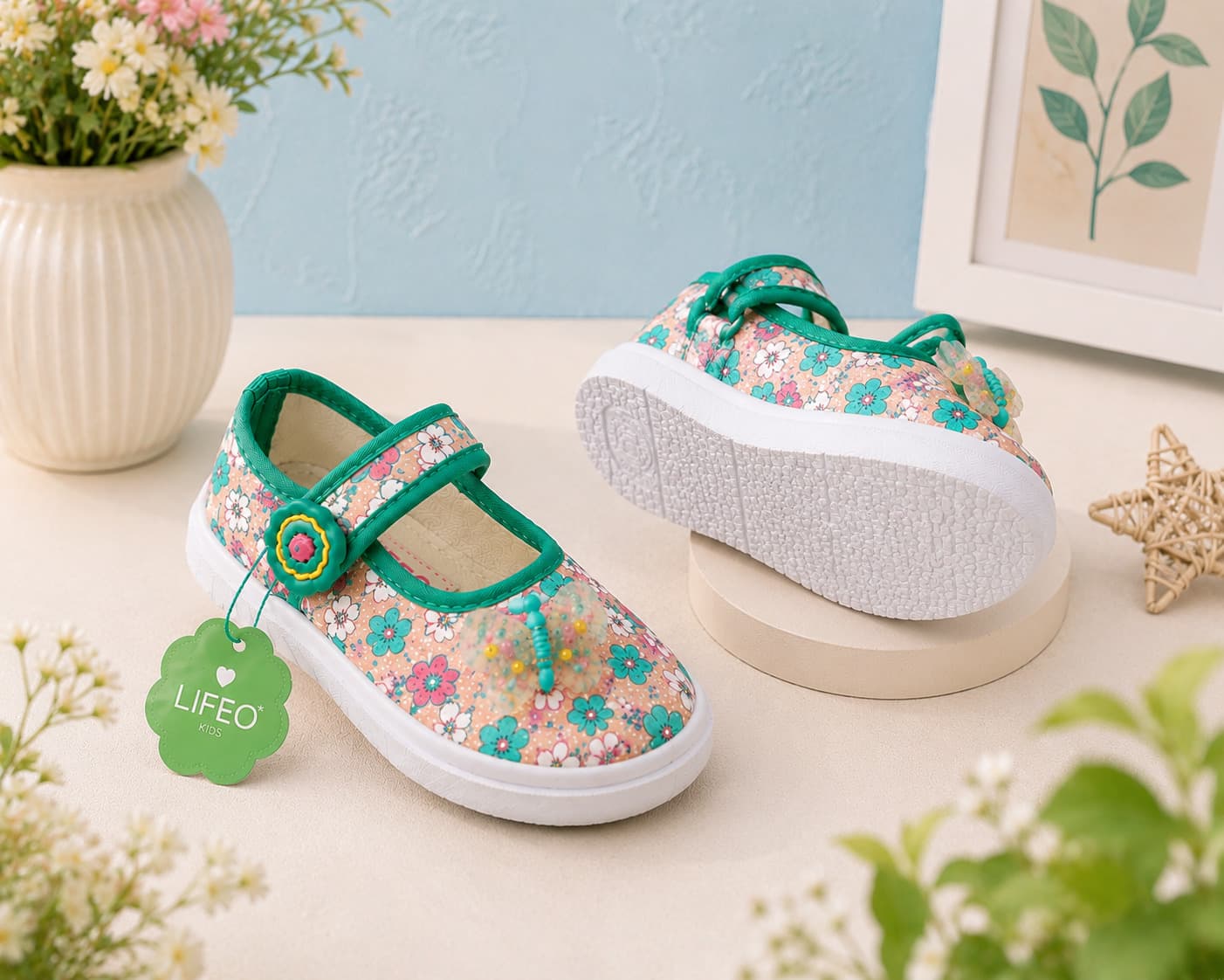 Toddler Girls Floral Mary Jane Shoes with Butterfly Appliqué and Cross-Over Straps thumbnail 3