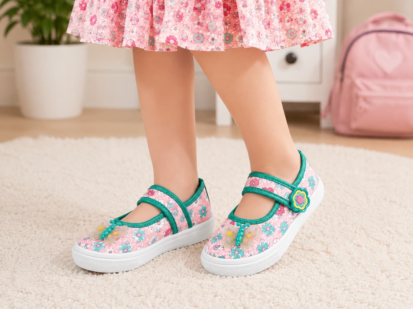 Toddler Girls Floral Mary Jane Shoes with Butterfly Appliqué and Cross-Over Straps thumbnail 4