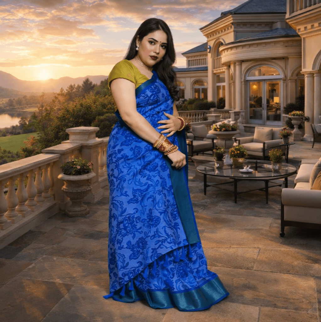 Women’S Designer Floral Printed Saree With Contrast Border – Elegant Party & Festive Wear thumbnail 2