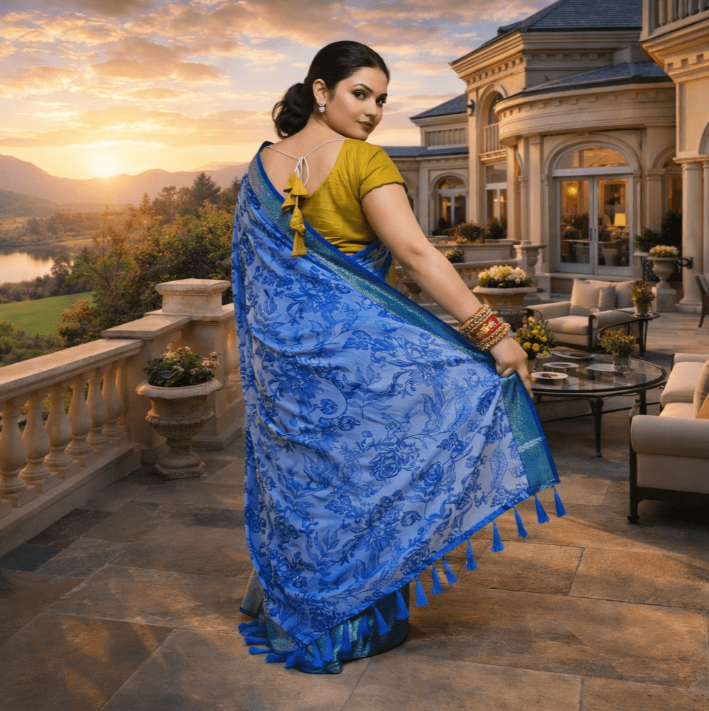 Women’S Designer Floral Printed Saree With Contrast Border – Elegant Party & Festive Wear thumbnail 3