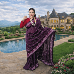 Royal Purple Designer Saree With Embroidered Border & Pearl Jewelery Styling
