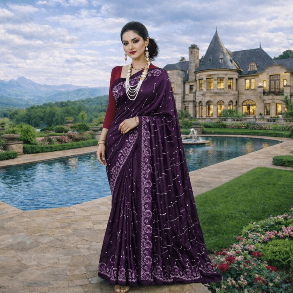 Royal Purple Designer Saree With Embroidered Border & Pearl Jewelery Styling thumbnail 2