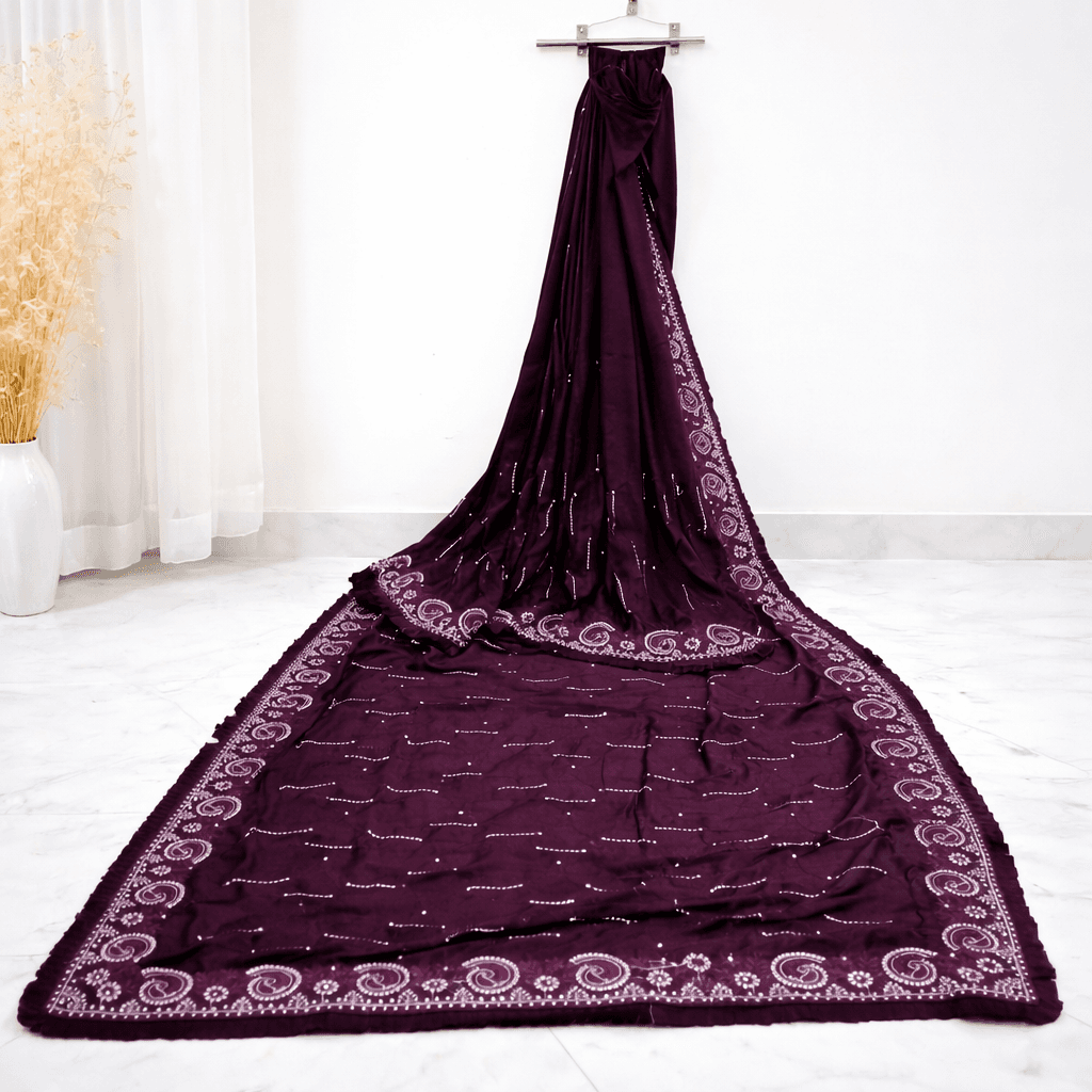 Royal Purple Designer Saree With Embroidered Border & Pearl Jewelery Styling thumbnail 5