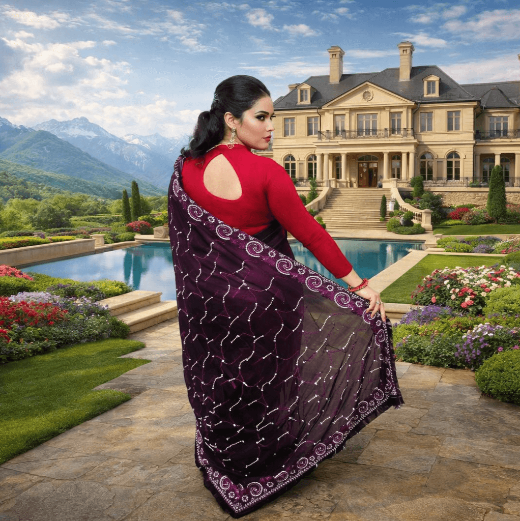 Royal Purple Designer Saree With Embroidered Border & Pearl Jewelery Styling thumbnail 3