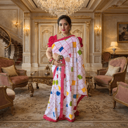 Women Georgette Printed Saree With Contrast Red Border & Blouse Piece