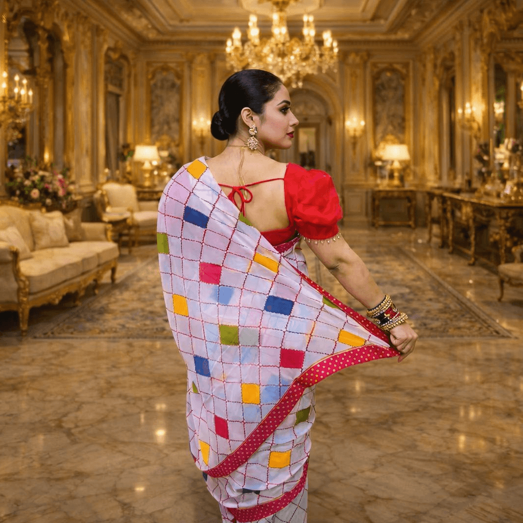 Women Georgette Printed Saree With Contrast Red Border & Blouse Piece thumbnail 3