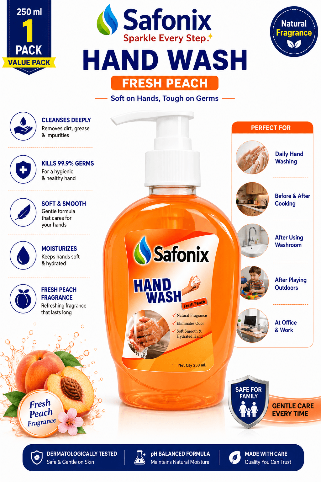 Safonix Hand Wash Liquid | Fresh Peach Fragrance | 250 ML Pack Of 2 thumbnail 3