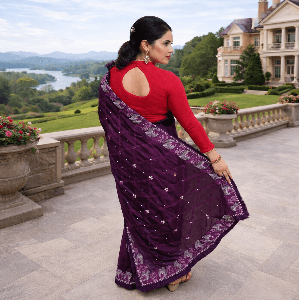 Elegant Wine Purple Embroidered Saree For Women – Designer Party Wear Traditional Ethnic Saree With Zari Border thumbnail 4