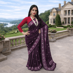 Elegant Wine Purple Embroidered Saree For Women – Designer Party Wear Traditional Ethnic Saree With Zari Border