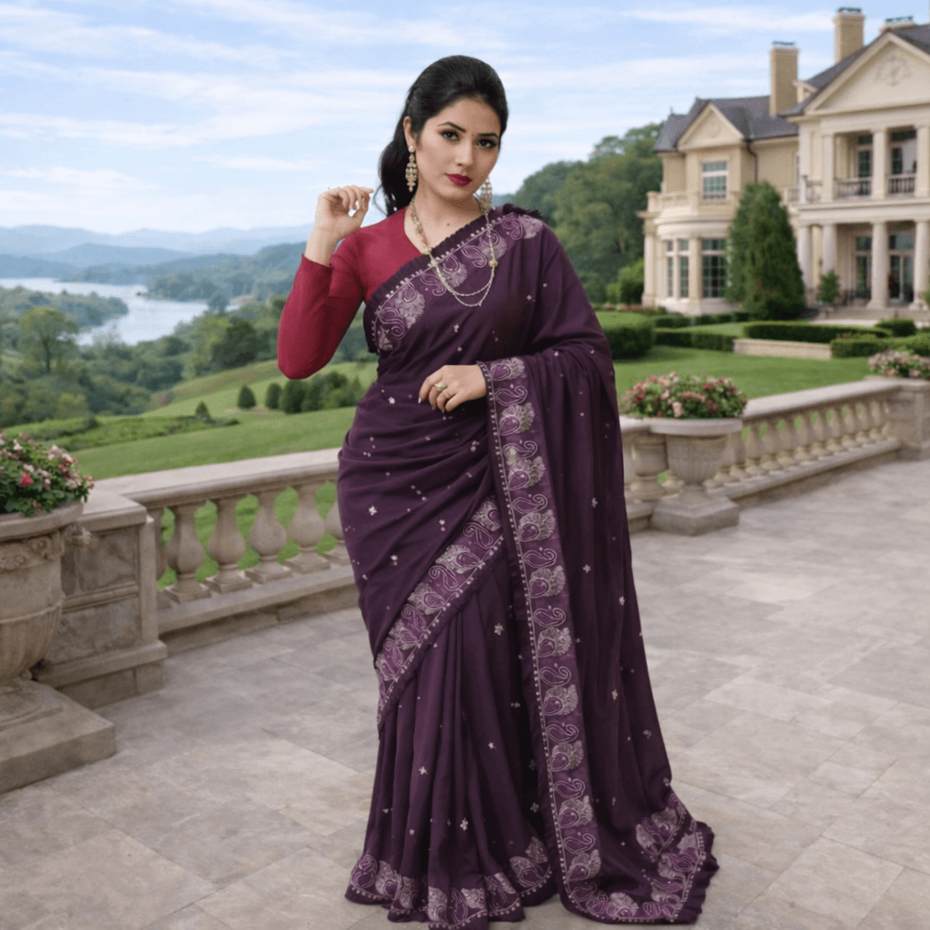 Elegant Wine Purple Embroidered Saree For Women – Designer Party Wear Traditional Ethnic Saree With Zari Border thumbnail 2