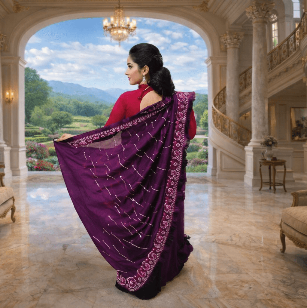 Royal Purple Embroidered Designer Saree With Ruffle Border & Blouse Piece – Festive & Wedding Wear thumbnail 2