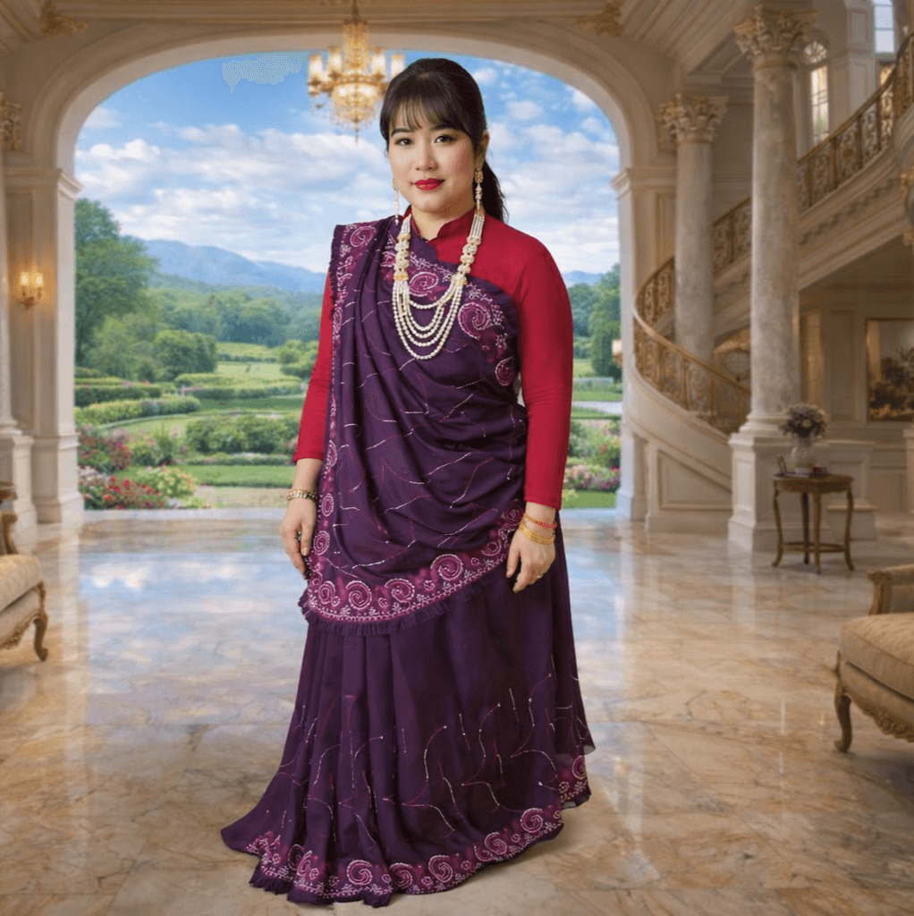 Royal Purple Embroidered Designer Saree With Ruffle Border & Blouse Piece – Festive & Wedding Wear thumbnail 3