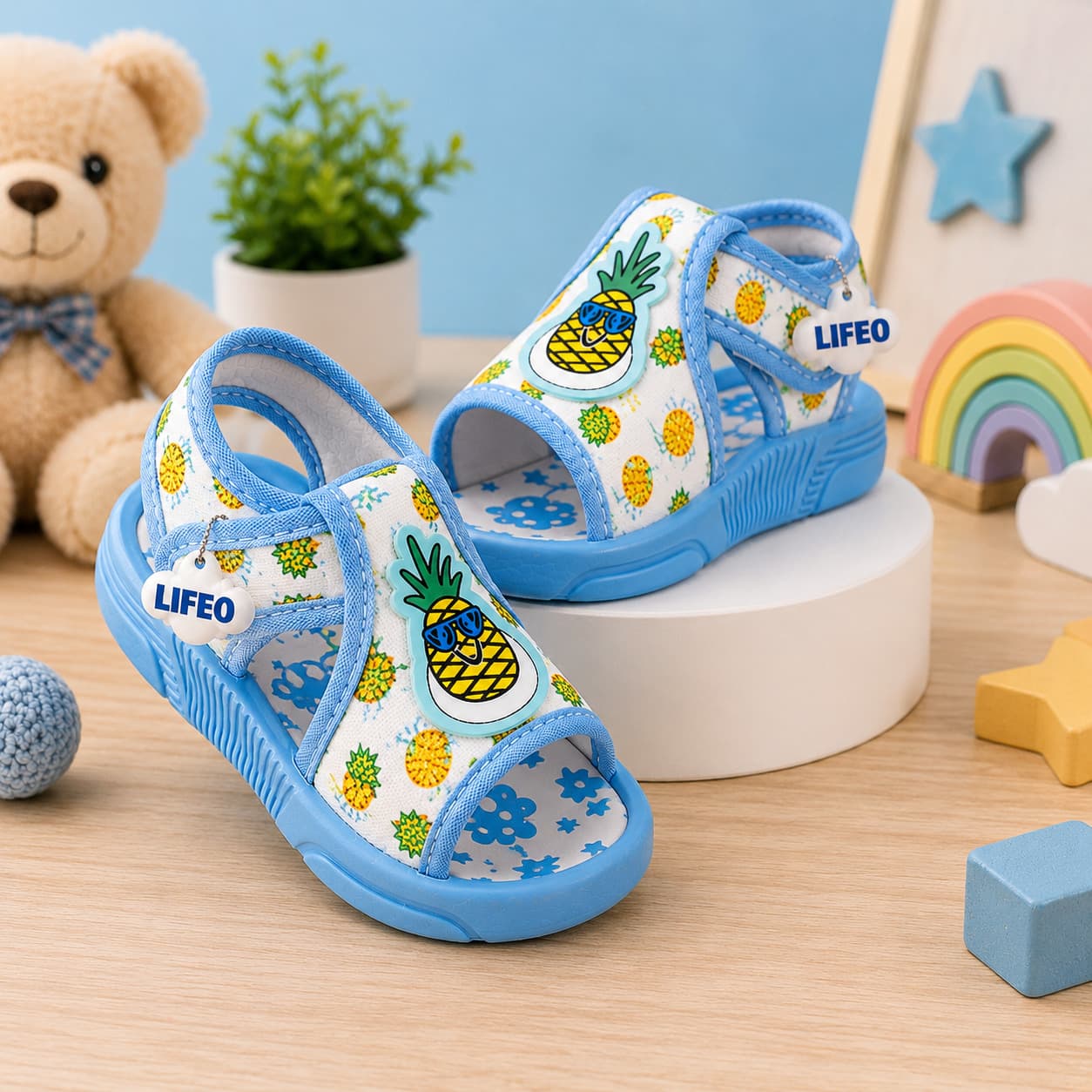 Infant Pineapple Print Open-Toe Sandals with Cartoon Appliqué and Heel Strap thumbnail 7
