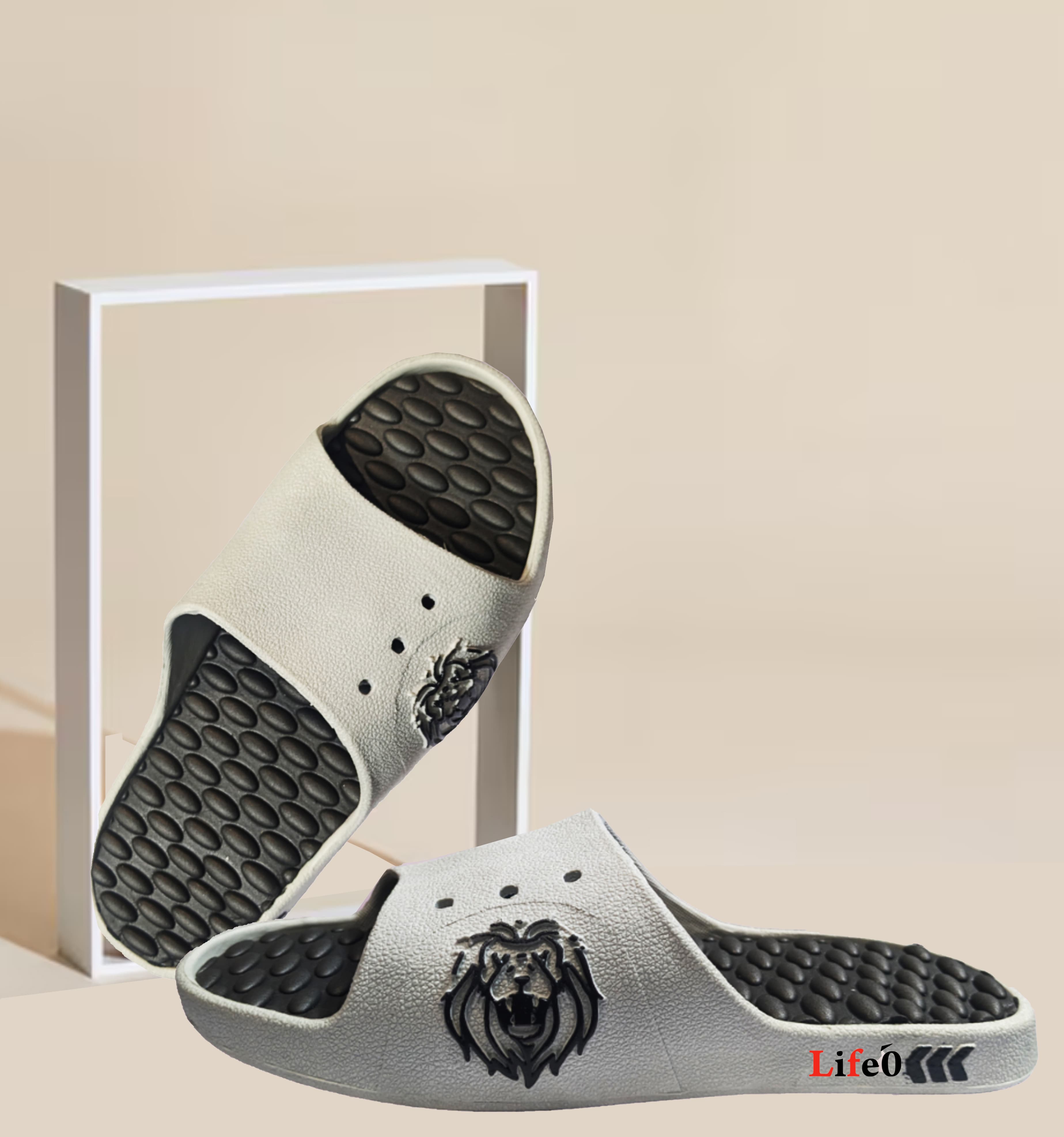 Men’s PVC Slide Slippers with Textured Footbed and Lion Motif thumbnail 3